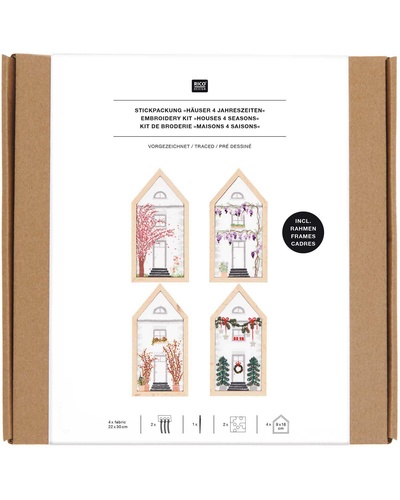 Embroidery Kit Traced, Houses 4 Seasons, small, including 4 x Decorative Embroidery Frames Houses S SE2